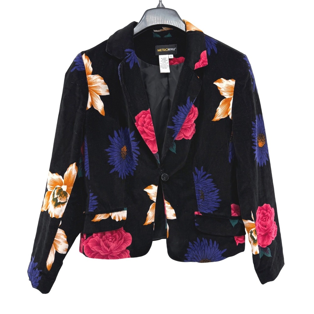 Metrostyle Blazer Womens 10 Pre-Owned Black Floral Velvet 1-Button Lined Jacket